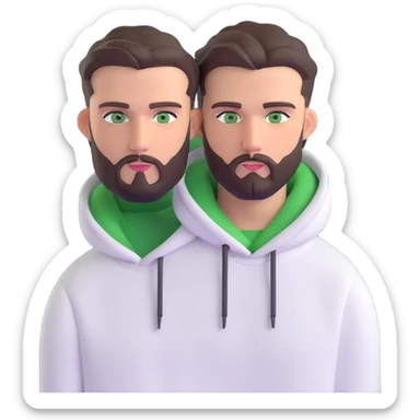 man with short full beard, dark brown undercut hairstyle, white hoodie, and green eyes sticker