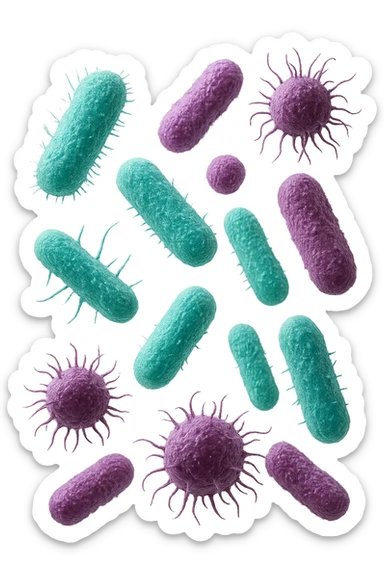 5 BATTERI BUONI E 5 BATTERI CATTIVI FLUTTUANO IN ARIA, I BATTERI BUONI FALLI TURCHESI, I BATTERI CATTIVI FALLI VIOLA, IPERREALISTICO 4K, NON DISEGNATO sticker