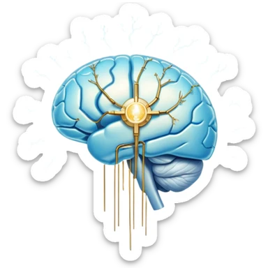 Ethereal pearlescent and light blue capsule in the foreground with a translucent brain positioned behind it, illuminated by golden electrical pulses forming a neural network. A small glowing liver symbol to the side, all surrounded by a mystical aura of mental focus and clarity sticker