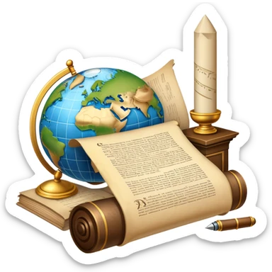 An icon featuring an ancient scroll, a quill pen, and a globe, symbolizing the study of history. The design includes a timeline with significant historical events, with ruins in the background to evoke past civilizations. Transparent background emphasizes the exploration of human history sticker