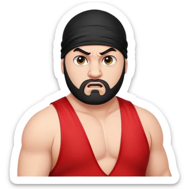 White skin fat guy with prominent black durag, shaved beard stubble, black eyes in a red and black wrestling singlet with angry face sticker