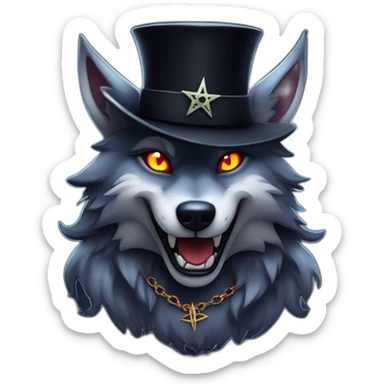demonic wolf with a pentagram top hat and a pentagram chain with a haunting night background sticker