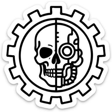 Mechanical skull with cybernetic enhancements, set inside a gear, Adeptus Mechanicus Warhammer 40k style, logo, no text sticker