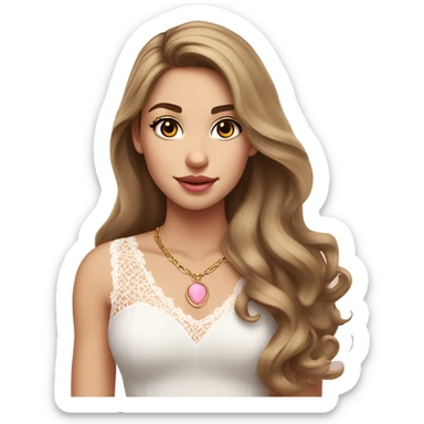 fair-skinned girl with dark brown, slim shaped eyes and long lashes. long, light brown hair styled in a voluminous, wavy blowout. wearing a delicate white lace tank top and a dainty gold necklace, plump pink lips. sticker