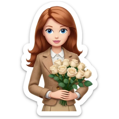 A Barbie girl with blue eyes, shoulder-length reddish-brown hair, made-up, wearing a beige tweed jacket and a beige skirt, with a bouquet of white roses sticker