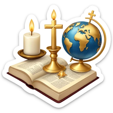 An icon featuring a holy book, a candle, and a cross, symbolizing religious studies. The design includes a globe with various religious symbols: a crescent moon and star (Islam), a lotus flower (Buddhism), representing global belief systems. Transparent background. sticker