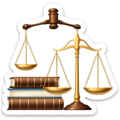An icon featuring a gavel, legal scales, and a law book, symbolizing the study of law. The design includes a courthouse silhouette in the background, representing justice and legal systems. Transparent background highlights the principles of law and legal practice. sticker