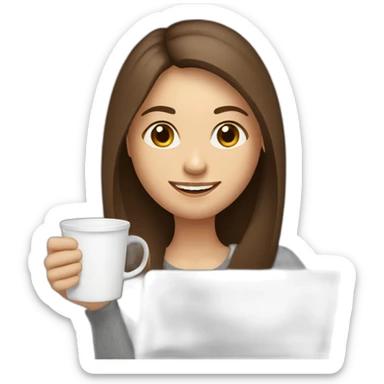 smiling woman with middle brown straight long hair and pale skin behind a laptop sipping coffee from a mug sticker