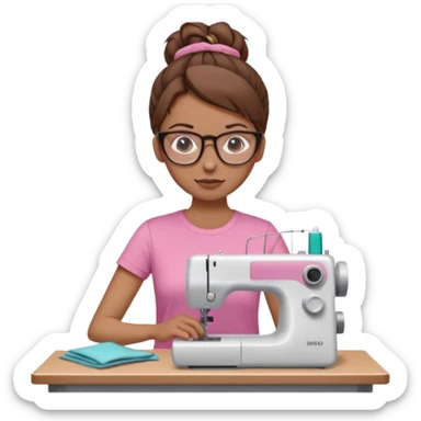 Woman with glasses and brown hair in pink t shirt meme with messy bun using a sewing machine  sticker