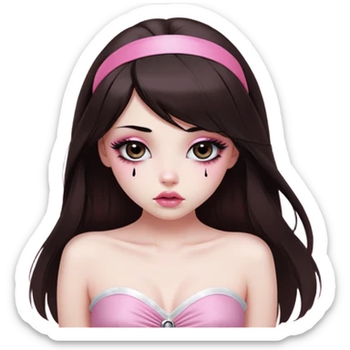 girl with white skin, dark brown long straight hair falling in front of her body, very big pouty extra shiny lips with absolutely no cupid's bow, shiny large eyes with black eyeballs and long eyelashes, lighter button nose, very long oval-shaped face, wearing a pink bandeau top with straight neckline, looking directly at camera with hands down at sides sticker