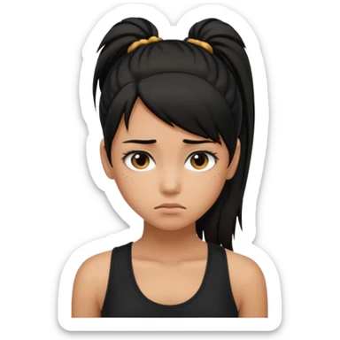 a tan girl with a black ponytail, black tank top, . Looking sad sticker