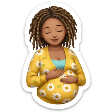 pregnant black woman with dread lock hair happily touching her big belly while wearing casual shirt and yellow warm  flowery cardigan closing her eyes and smile wamrly sticker
