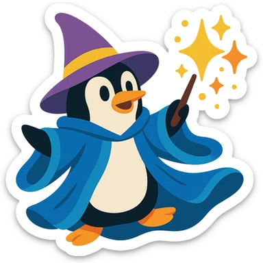 a penguin wizard casting a spell, with sparkles and a flowing robe, colorful cartoon style sticker