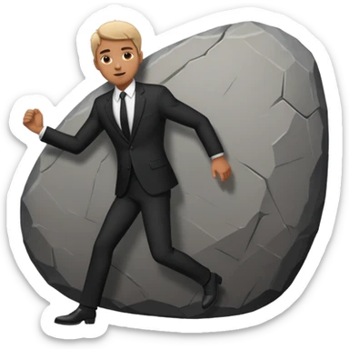 a man in a suit  pushing a huge rock sticker