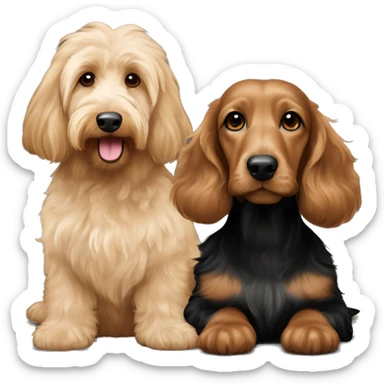 Brown goldendoodle medium size and black and tan and cream longhair dachshund sitting together  sticker