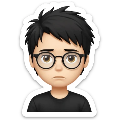 generate a pretty bratz fair skinned boy with black messy hair wearing a black tshirt looking bored n tired. Glasses on sticker