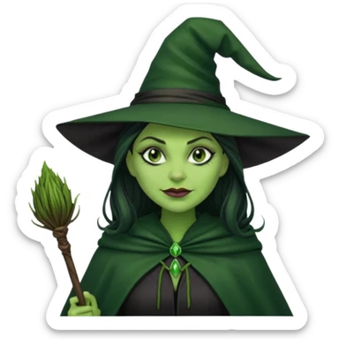 elphaba wicked witch with broom close up, evil dark coily long  hair, green skin, thick green lips, cheekbones, smirk evil menacing cythia erivo dark aesthetic black hat cloak  sticker