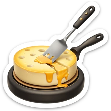 a half wheel of raclette cheese being scraped with a metal spatula, melted cheese flowing, warm golden colors, modern emoji style, clean outlines, transparent background sticker