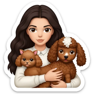 Kendall Jenner with long dark hair holding a brown poodle and a cow cat in her arms sticker