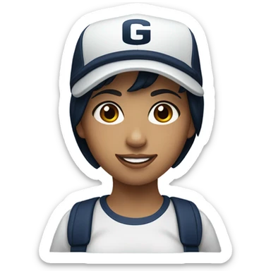 Black hair white girl brown eyes wearing navy ballcap emblazoned with a G logo  sticker