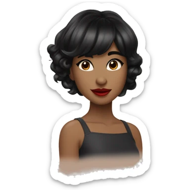 pretty girl with black hair reaching below the armpits with bangs. red lips, brown eyes, fair skin sticker