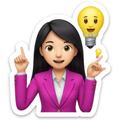 Cute 3D emoji of a Korean woman in a magenta blazer, long black hair and big brown eyes, with a light bulb above her head, excited expression, finger pointing up, solid lemon yellow background. sticker