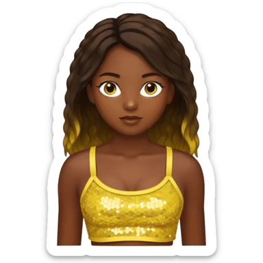 Sasha from Bratz with long dark brown hair, dark skin, hazel eyes, yellow sequin crop top sticker