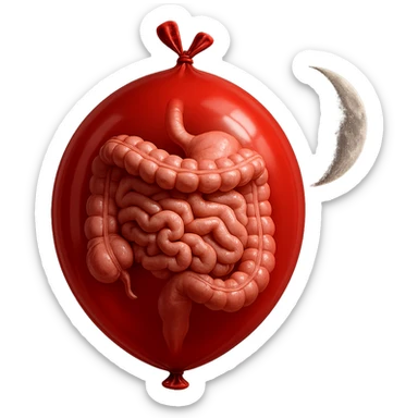 intestino umano anatomico chiuso in un palloncino rosso che simboleggia gonfiore, accanto una mezza luna che simboleggia "gonfiori di sera", iperrealistico 4k sticker