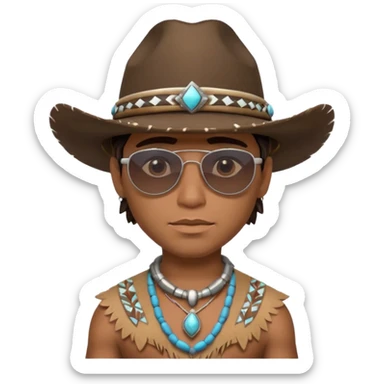 cute Indigenous tribal male portrait, head and shoulders only, cowboy hat, sunglasses, tribal jewelry, confident expression, 3D cartoon, mobile game icon style, clean background, no text, no watermark
 sticker