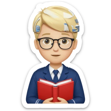 Boy student wearing uniform, glasses, hold book in front of their chest, blonde hair, white skin sticker