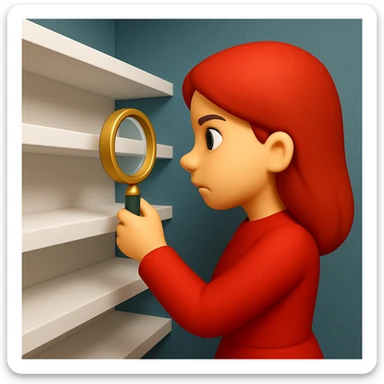 emoji of white empty shelf in perspective view with a standing woman nearby, she is looking at the shelfs with a magnifying glass, she is turned to the shelfs, emoji style, woman wearing a red dress, adjust the perspective to be more dramatic, with a different background sticker