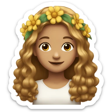 smiling girl with flower crown，Her hair is golden brown, long hair sticker