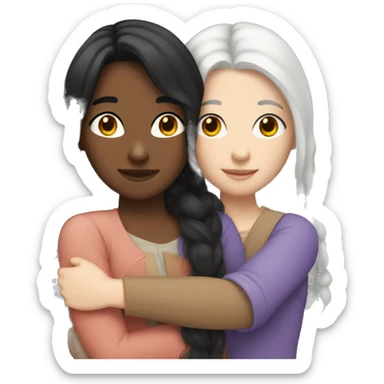 A lesbian couple who both have white skin and long black hair are hugging intimately. sticker
