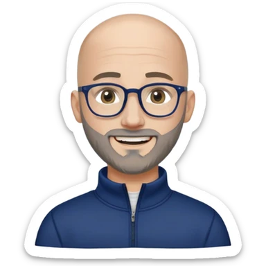 Caucasian man with skin fade haircut (bald on sides fading to short on top), short beard with gray streaks, large black eyeglasses, cheerful expression, navy blue long sleeve sweatshirt with quarter zip sticker