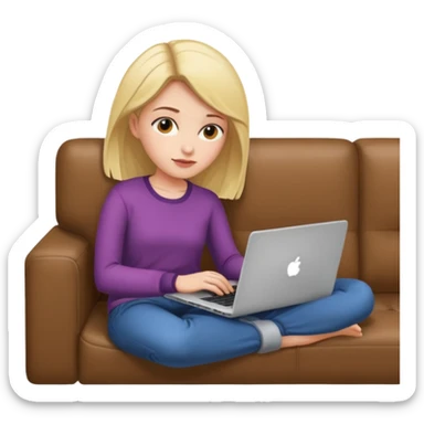 A girl is working with a laptop while lying on the sofa sticker