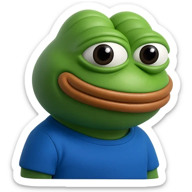 pepe in
- 3d style
- bright green
- blue shirt
- smiling
- looking straight at the camera
- good highlights and shadows
- 30deg angled towards the right
- 20% inset padding
- nice rounded cut off at the bottom sticker