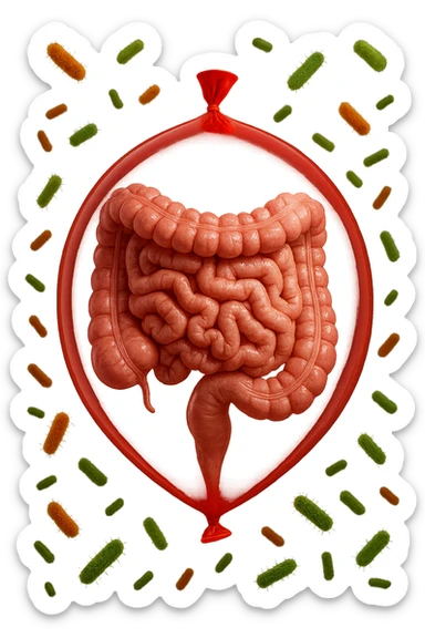 intestino umano anatomico chiuso in un palloncino rosso con batteri intestinali che fluttuano intorno, iperrealistico 4k sticker