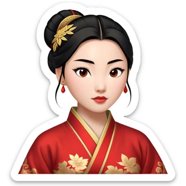 Cinematic Realistic Majestic Mulan Portrait, featuring finely rendered light skin with natural luminescence and expressive, determined eyes. Her black hair is styled with care into an elegant bun, and every fold of her traditional robe—adorned with subtle red motifs and refined gold trim—is depicted with intricate fabric detail. The scene is bathed in soft, natural light that enhances the depth and authenticity of the image, conveying a noble and serene aura that embodies timeless elegance and inner fortitude. sticker