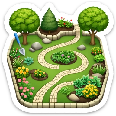 Icon for Landscape Design: a garden layout with plants, trees, paths, and design tools like a spade, pencil and measuring tape. The icon should represent creativity in outdoor space planning and gardening. Transparent background. sticker