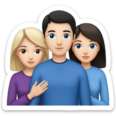 3 people. Throuple. Blank woman with blond hair and blue eye color on left. And also a blank man with black hair and grey eye color in the middle. And a blank woman with brown hair and grey eye color on the right. Holding each other sticker