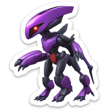 a shiny black-purple-red Genesect-Flygon-Raptor-Fakémon-Medabot-hybrid with a futuristic visor-helmet full body sticker