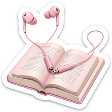 pink Pink Apple-style earbuds lying on an open book, soft pastel tones, cozy and minimal aesthetic, realistic lighting and shadows, top-down view, transparent background" sticker