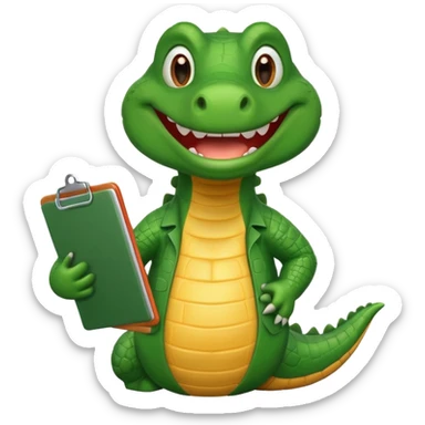 A cartoon gator with a clipboard and a pencil against a white background sticker
