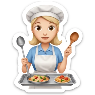 lunch lady holding a ladle and a tray with gross food, cartoonish sticker