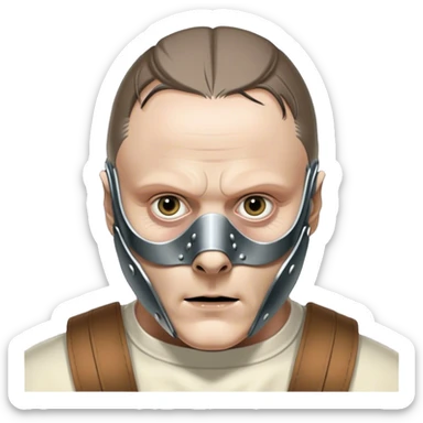 Icon for Hannibal Lecter (Anthony Hopkins): A chilling design with a close-up of Hannibal's face wearing the iconic muzzle mask. Dark, ominous background with sharp lighting to emphasize his intense gaze. A sinister, psychological thriller atmosphere. Transparent background. sticker