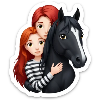 A red-haired girl with long hair hugs a black horse with a white stripe on her face and a black mane sticker