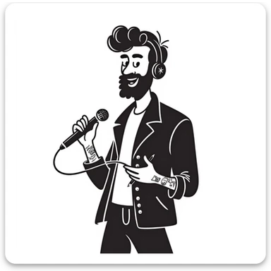 rock star with neat trimmed beard, tattooed arms, headphones resting on shoulders, happy expression, holding mic in one hand and pencil in other sticker