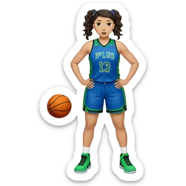 full body plus size light skin  latino women basketball player with wavy dark hair in pony tail wide nose wearing blue uniform with green accent sticker