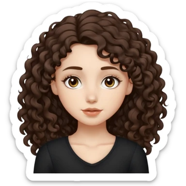 Aesthetic white girl with long curly hair color dark brown, hair most be in front of the shoulders (hair in front of the shoulders, less voluminous). Big almond shape eyes color brown, small wide nose, natural lips, sweet expression. Dressed with a cute tight top color black.  sticker