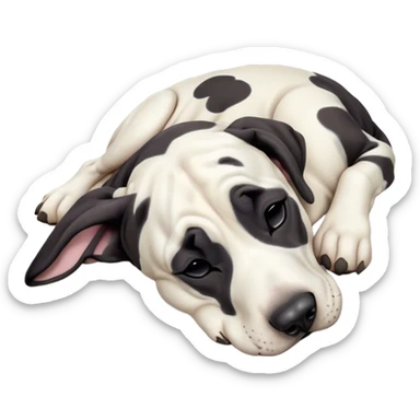 Meme-Worthy Cute Sleeping Harlequin Great Dane Portrait Emoji, Head resting peacefully with a contented smile, showcasing a delightfully majestic build and a luxuriously soft coat of predominantly white with bold black patches, eyes shut in a serene nap, Simplified yet hilariously adorable features, highly detailed, glowing with a soft, drowsy light, high shine, relaxed and utterly lovable, stylized with an air of playful laziness, bright and heartwarming, soft glowing outline, capturing the essence of a comically sleepy guardian, so meme-worthy it feels like it could instantly become the next viral sensation of adorable slumber! sticker